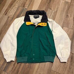 Nautica Vintage Mens 90s Sailing Jacket White Blue Green Yellow Hidden Hood Med
